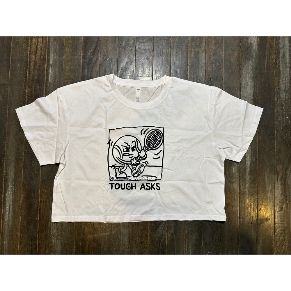 Womens Tough Asks Tennis Ball Graphic Crop Top White Tee